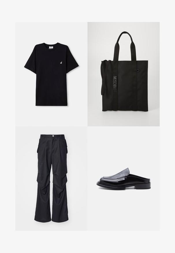 Sort bomulds T-shirt med korte ærmer, med en lille broderet gåseaccent på brystet og rund halsudskæring.; Sorte nålestribede bukser med bred bendesign, der har folder, sidelommer og en frontlukning med knap. Glat tekstur.; Sort laklæder slip-on loafer med firkantet tå, flad hæl og "Moschino Milano" metalmærke på siden.; Sort tote taske lavet af slidstærkt materiale med korte håndtag og en justerbar skulderrem. Har prægede logo langs remmen.