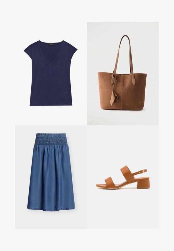 Top de manga corta azul marino con diseño de escote en V. Hecho de una tela suave, con textura lisa y acabado de dobladillo limpio.; Falda midi de mezclilla azul con una amplia cintura elástica fruncida y suaves pliegues debajo de la cintura, presentada sobre un fondo blanco.; Sandalia de piel marrón con dos correas anchas, punta abierta y un tacón bajo en bloque. Cuenta con una correa ajustable en el tobillo con una hebilla en tono dorado.; Bolsa tote de ante marrón con dos correas para el hombro, un diseño sencillo y un detalle de borla lateral. Textura suave y forma estructurada.
