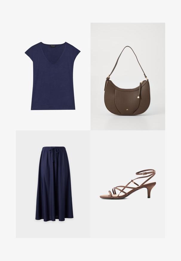 Haut bleu marine à manches courtes avec un décolleté en V. Fabriqué en tissu doux, présentant une texture lisse et une finition d'ourlet soignée.; Jupe longue bleu marine avec taille élastique et cordon à nouer à l'avant, tissu fluide avec une légère évasement à l'ourlet.; Sandale marron à fines brides, boucle à la cheville et talon de hauteur moyenne, vue de côté sur fond blanc.; Sac à main en cuir brun avec une forme courbée, accentué par un petit détail en métal doré et une surface texturée, doté d'une fermeture éclair.