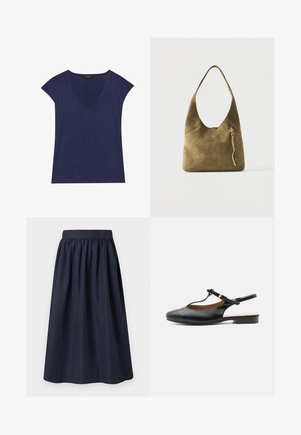 Haut bleu marine à manches courtes avec un décolleté en V. Fabriqué en tissu doux, présentant une texture lisse et une finition d'ourlet soignée.; Jupe en coton bleu marine avec une taille froncée, forme A fluide et texture lisse. Pas de motifs visibles ni de détails en métal.; Chaussure plate slingback en cuir noir avec bride en T et boucle dorée sur fond neutre.; Sac à bandoulière en daim vert olive avec une seule sangle, bord supérieur arrondi et un gland décoratif avec un charme doré à l'avant.