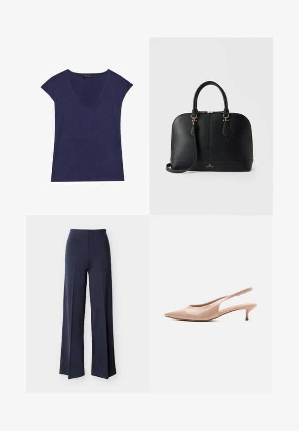 Navyblauw kortemouwen top met een V-hals ontwerp. Gemaakt van zachte stof, met een gladde textuur en een nette afwerking van de zoom.; Marineblauwe wijde broek met zijsplitsingen, hoge taille en een gladde voorkant, weergegeven tegen een witte achtergrond.; Beige lakleren slingback schoen met puntige neus en lage kittenhak, in profiel afgebeeld tegen een witte achtergrond.; Zwart gestructureerd leren handtas met afgeronde vorm, dubbele handvatten, verstelbare schouderriem, gouden hardware en geperst merkembleem aan de voorkant.