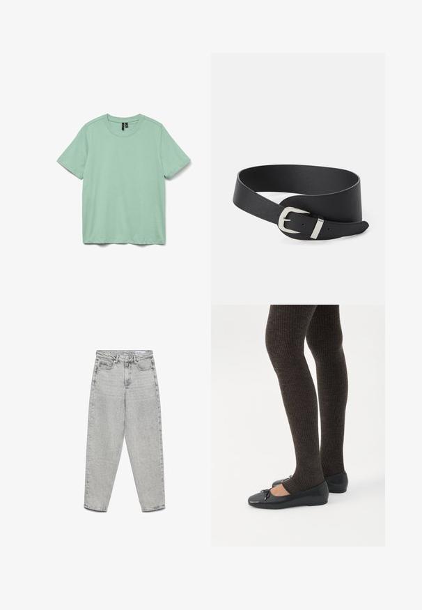Simpel myntegrøn T-shirt med kortærmet rund hals, vist mod en lys grå baggrund.; Lysegrå højtaljede jeans med lige ben, forlommer, bæltestropper og lynlåslukning.; Ben iført mørke ribbede leggings kombineret med sorte balletsko med små sløjfedetaljer på hvid baggrund.; Sort læderbælte med flad design, der har en sølvmetalspænde og justerbare huller til fastgørelse. Glat tekstur og ingen synlige mønstre.