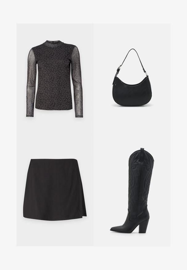 Top de manga larga con un tejido semitransparente negro y un estampado de leopardo. Cuello alto y silueta ajustada. Detalle texturizado en las mangas.; Falda negra de tejido suave, con un corte recto y una abertura en un lado. Diseño sencillo sin patrones ni adornos.; Zign LEATHER - Botas camperas - black; Bolso hobo negro hecho de cuero suave con una silueta curva, que cuenta con una sola correa ajustable y detalles de diseño minimalistas.