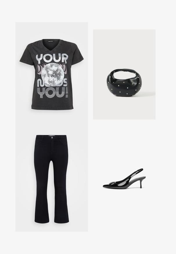 Schwarzes Baumwoll-T-Shirt mit V-Ausschnitt, kurzen Ärmeln und einem Grafikdesign eines Discokugels mit Text in metallischen und gestreiften Schriftarten.; ONLY Carmakoma Flared fit CARTHUNDER Mid waist - Flared Jeans - black denim; Schwarze patentierte Slingback-Absätze mit spitzem Zehenbereich und glänzender Oberfläche. Besitzt einen schlanken Absatz und eine abgerundete Akzentuierung am Schuhoberteil.; Schwarze Lederhandtasche mit abgerundeter Form, verziert mit silbernen Nietenakzenten und kurzem Griff. Glatte Struktur und Reißverschlussverschluss.