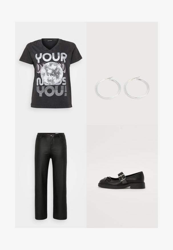 Μαύρο βαμβακερό t-shirt με V-neck, κοντό μανίκι και γραφικό σχέδιο μιας ντισκομπάλας με κείμενο σε μεταλλικά και ριγέ γράμματα.; Μαύρο παντελόνι σε χαλαρή γραμμή φτιαγμένο από μια λεία, ελαστική ύφανση. Ενσωματώνει κλασικό σχέδιο με πέντε τσέπες, διαθέτει φερμουάρ και κούμπωμα με κουμπί.; Μαύρη δερμάτινη μπότα Mary Jane με στρογγυλή μύτη, λουράκι στον αστράγαλο και λεπτομέρειες ασημένιου κλειδώματος. Διαθέτει επίπεδη, χοντρή σόλα και διακόσμηση με φιόγκο.; Ζεύγος λαμπερών ασημένιων κρίκων με λεπτές σύρμα σφραγίδες, παρουσιασμένα σε ανοιχτό γκρι φόντο.