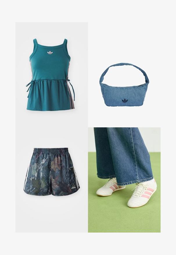 Tyrkis ærmeløs top med samlet talje, pink sidelægger og broderet logo. Lavet af blødt materiale med en afslappet pasform og bånddetaljer.; Herre shorts med et flerfarvet bladmønster på en mørk baggrund, med elastisk talje og sidelister i hvid.; Hvide sportsko med lyserøde striber, tekstureret læder og flad gummisål, parret med brede denimbukser på et grønt gulv.; Skuldertaske i lyseblå denim med et broderet mørkeblå logo. Har en bred, blød rem og en lynlåslukning øverst.
