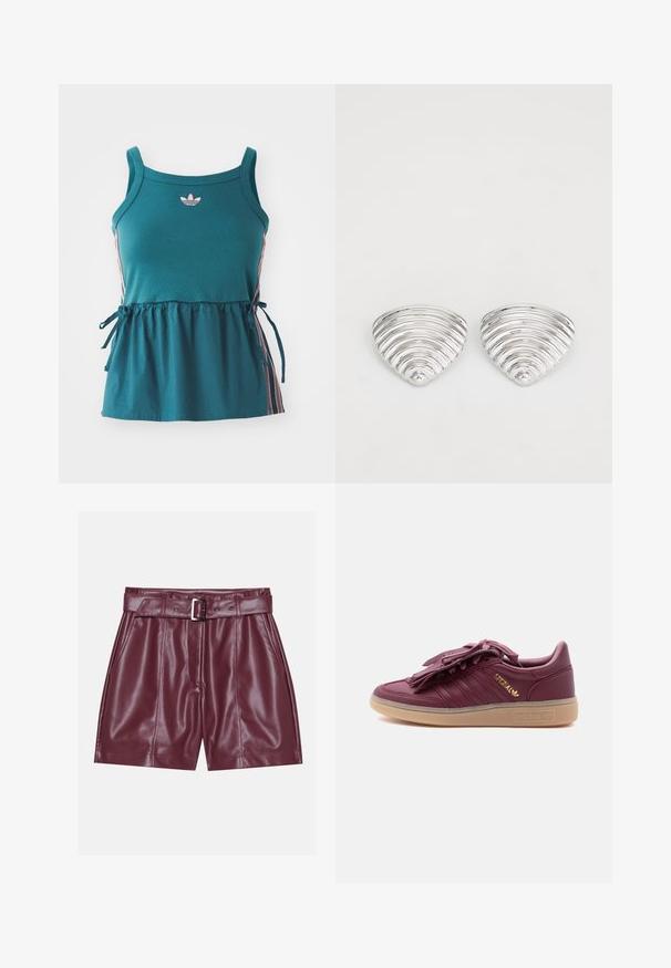 Cyan mouwloze top met geplooide taille, roze zijkanten en geborduurd logo. Gemaakt van zachte stof met een losse pasvorm en strikaccenten.; Bordeaux neplederen shorts met een brede tailleband, een riem met een zilveren gesp en voorplooien voor een ontspannen silhouet.; Maroon Adidas Spezial sneaker met gumzool, gouden logo aan de zijkant en een franjesveterkap op een effen witte achtergrond.; Zilverkleurige oorknoppen met een golvend, getextureerd ontwerp, gevormd als overlappende maanschijven; de gepolijste afwerking versterkt de reflecterende kwaliteiten.