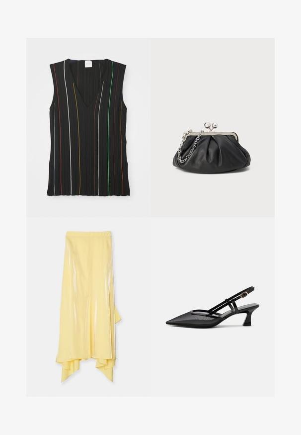 Haut sans manches noir avec un décolleté en V, présentant des rayures verticales rouges, blanches, bleues, jaunes, vertes et marron ; texture côtelée.; Jupe midi jaune avec un ourlet asymétrique, fabriquée en tissu brillant et lisse. Elle présente une taille ajustée et une silhouette fluide.; Chaussure slingback noire à bout pointu avec tige en mesh, fines brides, boucle dorée et petit talon incurvé sur fond blanc.; Porte-monnaie en cuir noir avec texture froncée, cadre en métal argenté, fermeture à verrouillage kiss-lock et bandoulière en chaîne. Surface lisse et douce.