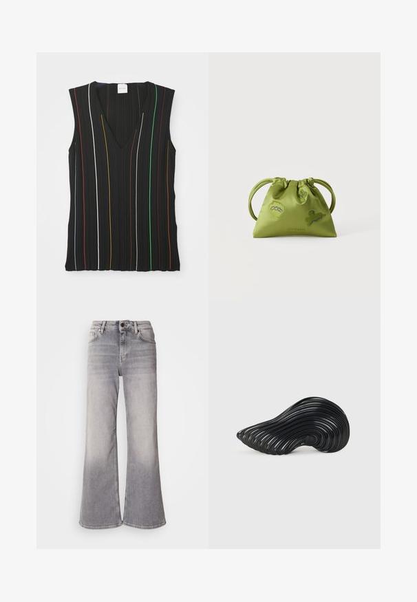Sort ærmeløs top med V-hals, med lodrette striber i rød, hvid, blå, gul, grøn og brun; ribbet struktur.; Mos Mosh HERA - Flared jeans - grey; Melissa QUANTUM - Sneakers - black; Grøn håndtaske med snøre og to hanke, dekoreret med broderede blå og grønne abstrakte former, sat mod en ensfarvet hvid baggrund.