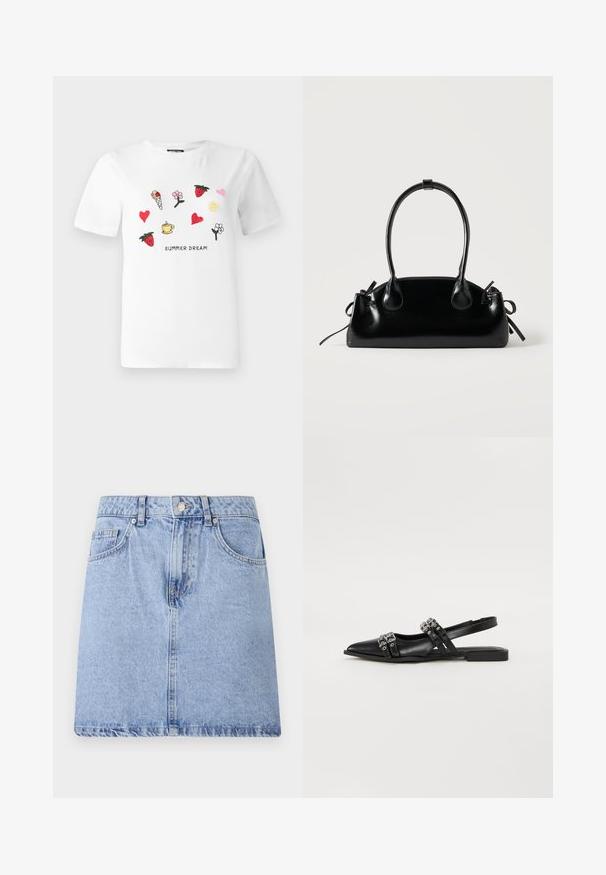 T-shirt en coton blanc avec des broderies colorées de fraises, cœurs, fleurs, un cornet de glace et un soleil. Le texte en dessous indique "RÊVE D'ÉTÉ."; Jupe en denim bleu clair avec un design à cinq poches, fermeture éclair et bouton à l'avant, et ourlet brut. Texture lisse avec un léger décoloration.; Even&Odd by Zalando Ballerines à brides arrière - black; Petit sac à main noir brillant avec deux longues anses et des détails à cordon sur les côtés sur un fond clair uni.