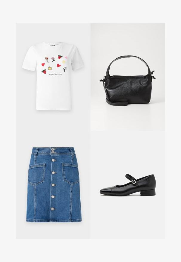 T-shirt en coton blanc avec des broderies colorées de fraises, cœurs, fleurs, un cornet de glace et un soleil. Le texte en dessous indique "RÊVE D'ÉTÉ."; Jupe en denim avec une taille ajustée, en forme de A, et une fermeture à boutons sur le devant. Présente deux grandes poches, dans un délavage bleu moyen avec un léger effet de décoloration.; Chaussures Mary Jane en cuir noir avec un embout en vernis, une sangle cheville réglable et un petit talon carré. Texture lisse et design élégant.; Sac à main en cuir noir au design structuré, avec une poignée arrondie et une bandoulière amovible. Présente une texture lisse et un éclat subtil.