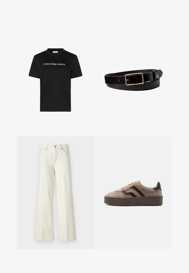 Musta puuvillainen t-paita pyöreällä pääntiellä ja lyhyillä hihoilla, jossa valkoisella teksti "Calvin Klein Jeans" rinnan kohdalla.; Valkoiset leveät farkut, jotka on valmistettu puuvillasekoitteesta. Ominaisuuksina vetoketjuluukku, viisi taskua ja ompeleet saumoissa.; Beige matalapohjainen tennari, jossa mokka- ja villapintoja, tummanruskeat aaltokuvioinnit, beigellä nauhat ja tumma ruskea pohja.; Musta nahkavyö suorakaiteen muotoisella kultaisella soljella ja pienellä kultaisella "ck"-logolla lähellä päätä, kierretty valkoisella taustalla.