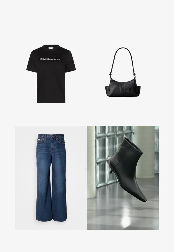 Camiseta de algodón negra con cuello redondo y mangas cortas, con el texto "Calvin Klein Jeans" en blanco en el pecho.; Vaqueros de pierna ancha hechos de denim azul oscuro. Incluyen una cintura alta, cinco bolsillos y costuras en contraste de color naranja a lo largo de las costuras.; Botín negro de cuero con punta puntiaguda y tacón bajo estilo kitten, mostrado en ángulo sobre un suelo pulido y con una pared de bloques de vidrio de fondo.; Bolso de hombro de cuero negro con correa larga, bolsillos laterales y logo de Calvin Klein en relieve en la parte delantera.
