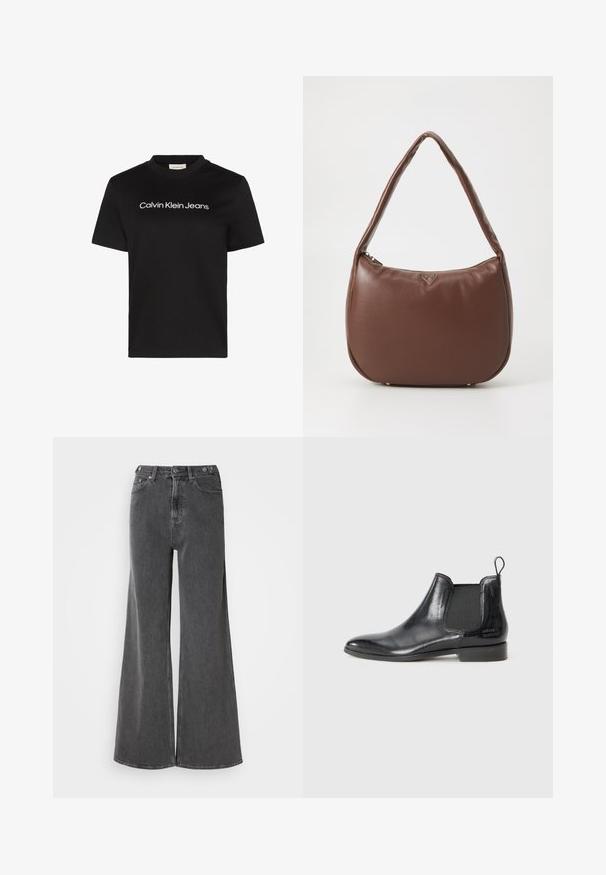 Musta puuvillainen t-paita pyöreällä pääntiellä ja lyhyillä hihoilla, jossa valkoisella teksti "Calvin Klein Jeans" rinnan kohdalla.; Löysät farkut haalistuneessa mustassa denimissä, joissa on korkea vyötärö, kaksi etutaskua ja metallinappisuljenta. Sujuva pinta, minimaaliset yksityiskohdat.; Mustat nahka Chelsea-kengät, joissa on joustavat sivupaneelit, sileä pinta, pyöristetty kärki ja vetoketju kantapäässä. Sisältää hienostunutta brändäystä.; Ruskea nahkainen käsilaukku, jossa on kaareva muoto, yksi pehmustettu kahva ja pieni etuosan logo. Varustettu vetoketjulla ja kultaisilla metalliosilla.