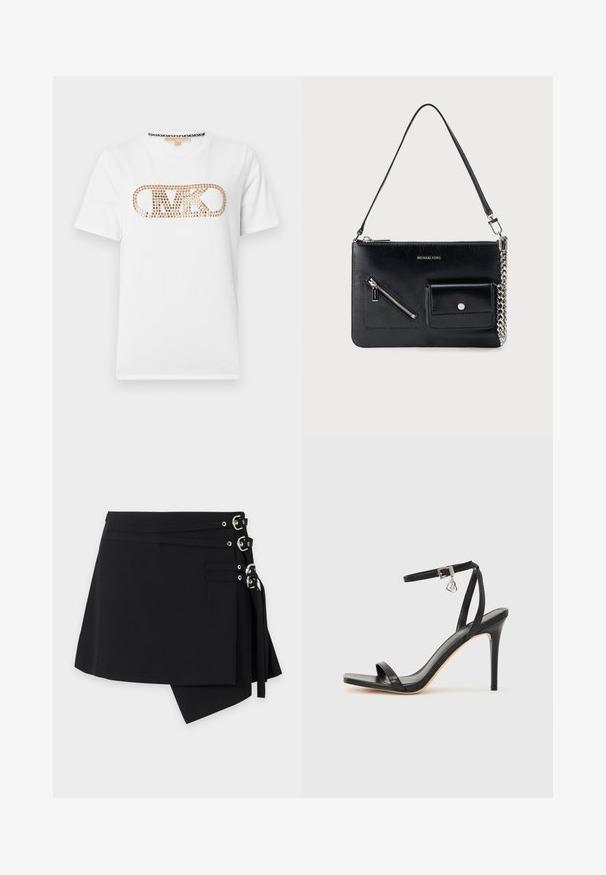 T-shirt blanc à manches courtes avec logo "MK" doré clouté centré sur la poitrine et motif logo noir contrastant à l'intérieur de l'encolure.; Jupe asymétrique noire avec trois sangles à boucle argentée sur le côté droit et détail en tissu superposé.; Sandale à talon haut noire avec une bride étroite à la cheville, bout carré, cuir lisse et accent de boucle métallique.; Sac à bandoulière en cuir noir Michael Kors avec fermeture éclair supérieure, poche avant zippée en diagonale, poche à rabat avec bouton-pression et détail en chaîne argentée.