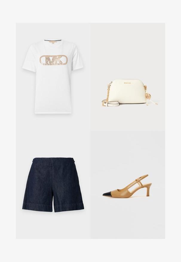 T-shirt blanc à manches courtes avec logo "MK" doré clouté centré sur la poitrine et motif logo noir contrastant à l'intérieur de l'encolure.; Shorts en jean bleu foncé avec une taille haute élastique et des ouvertures larges aux jambes, présentés sur un fond clair uni.; Escarpins slingback couleur fauve avec embout pointu noir, côtés découpés et talon bloc de hauteur moyenne. Matière en cuir lisse.; Petit sac bandoulière blanc Michael Kors avec bandoulière en chaîne dorée, breloque logo et nom de la marque en or sur le devant, sur fond uni.