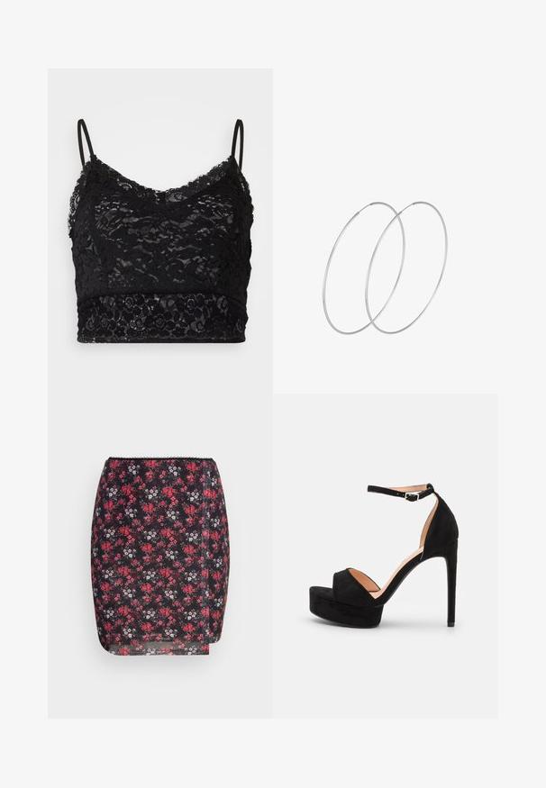 Bralette en dentelle noire avec des bretelles spaghetti réglables, un motif de dentelle florale et une bande noire unie en bas.; Even&Odd by Zalando Minijupe - multi coloured; Sandale à talons hauts en daim noir avec une semelle compensée, bride de cheville avec quincaillerie en argent, design à bout ouvert et texture lisse.; Boucles d'oreilles en argent au design minimaliste. Forme circulaire, texture lisse et profil fin. Légères avec une finition polie.