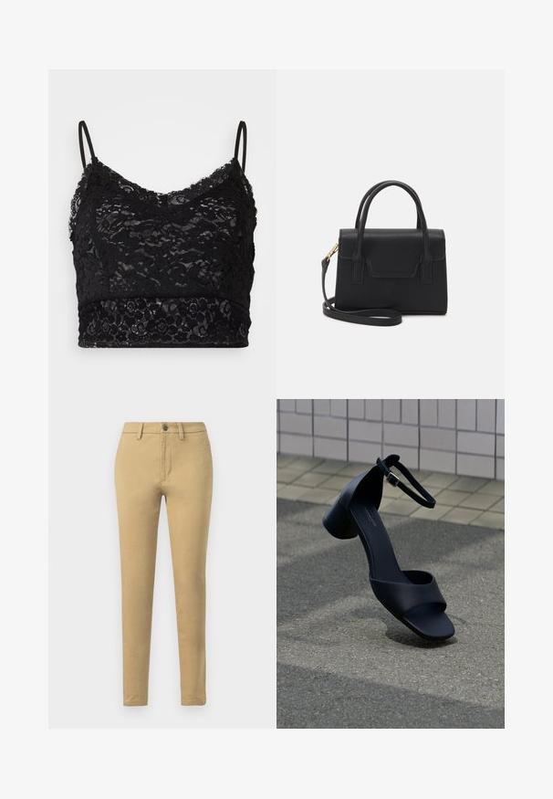 Bralette en dentelle noire avec des bretelles spaghetti réglables, un motif de dentelle florale et une bande noire unie en bas.; Chinos kaki en tissu en mélange de coton, à coupe slim, avec passants de ceinture, poches avant et fermeture à un bouton.; Sandale en cuir noir à bout ouvert avec bride de cheville et petit talon bloc flottante au-dessus de l'asphalte près d'un mur carrelé.; Sac à main structuré noir en cuir avec une poignée supérieure, une bandoulière détachable et un détail à rabat à l'avant. Accents en matériel doré.