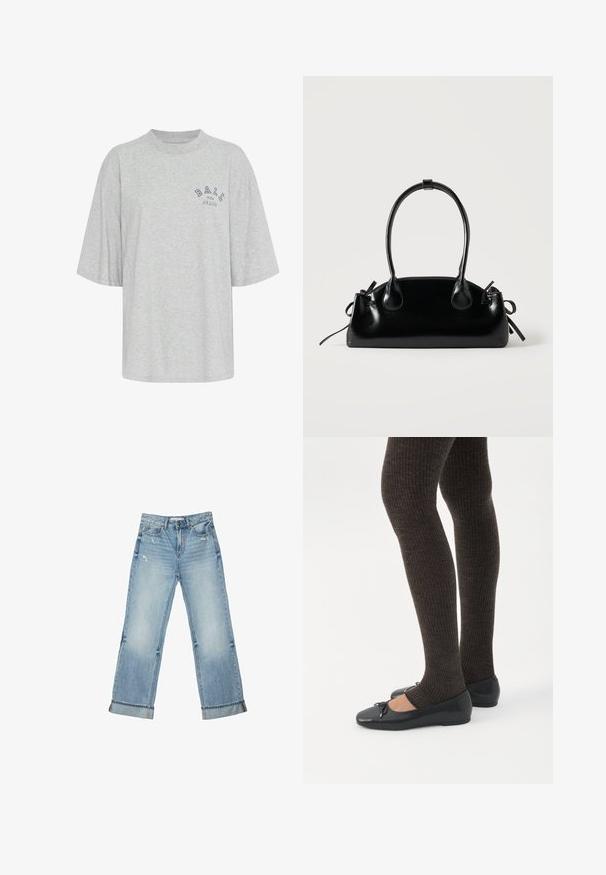 Grå oversized t-shirt lavet af bomuld, med rund hals, korte ærmer og et trykt logo i marineblå, der læser "BALL THE JEANS".; Lyseblå denimjeans med let slid, lige ben, opsmøgede kanter, forlommer og knaplukning, størrelse 36.; Ben iført mørke ribbede leggings kombineret med sorte balletsko med små sløjfedetaljer på hvid baggrund.; Lille sort blank håndtaske med to lange håndtag og snøre-detaljer i siden på en ensfarvet lys baggrund.