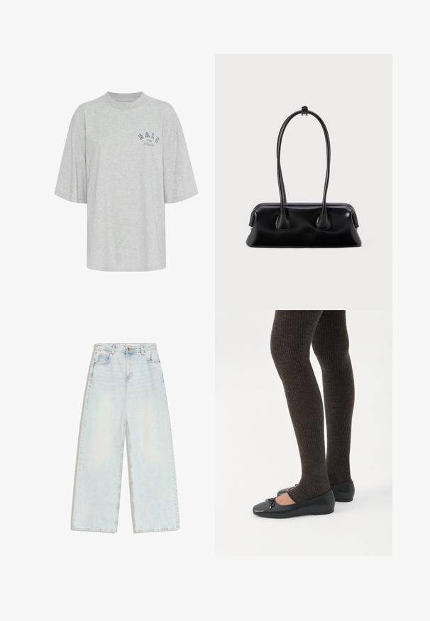 Grå oversized t-shirt lavet af bomuld, med rund hals, korte ærmer og et trykt logo i marineblå, der læser "BALL THE JEANS".; Lyseblå jeans med vide ben, fem lommer, bæltestropper og knaplukning foran i linningen.; Ben iført mørke ribbede leggings kombineret med sorte balletsko med små sløjfedetaljer på hvid baggrund.; Sort læderhåndtaske med to forlængede håndtag, en glat tekstur og en rund bund med dekorative detaljer på siderne.