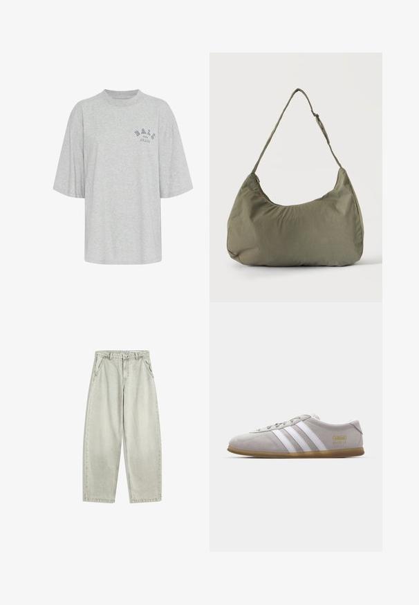 Grå oversized t-shirt lavet af bomuld, med rund hals, korte ærmer og et trykt logo i marineblå, der læser "BALL THE JEANS".; Lysegrå denimjeans med høj talje, frontknap og lynlås, skrå sidelommer og brede, lige ben.; Grå suedestøvle med hvide læderstriber og guldlogo-detalje. Flad gummisål, rund tå og klassisk snølukkedesign.; Skuldertaske i blødt olivengrønt stof med lynlås og justerbar rem på ensfarvet, lyst baggrund.