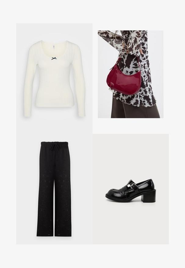 Top blanco de manga larga con textura acanalada, escote amplio, detalle de encaje y un lazo negro en el centro frontal. Material de mezcla de algodón.; Pantalones negros de pierna ancha con cintura elástica y cordón ajustable, con un sutil estampado floral de ojales por toda la prenda.; Zapato de cuero negro brillante con tacón bajo, con una correa decorativa con hebilla y detalles recortados en los laterales, mostrado de perfil.; Mujer con blusa de estampado en blanco y negro sosteniendo un bolso de hombro rojo brillante sobre un fondo liso.