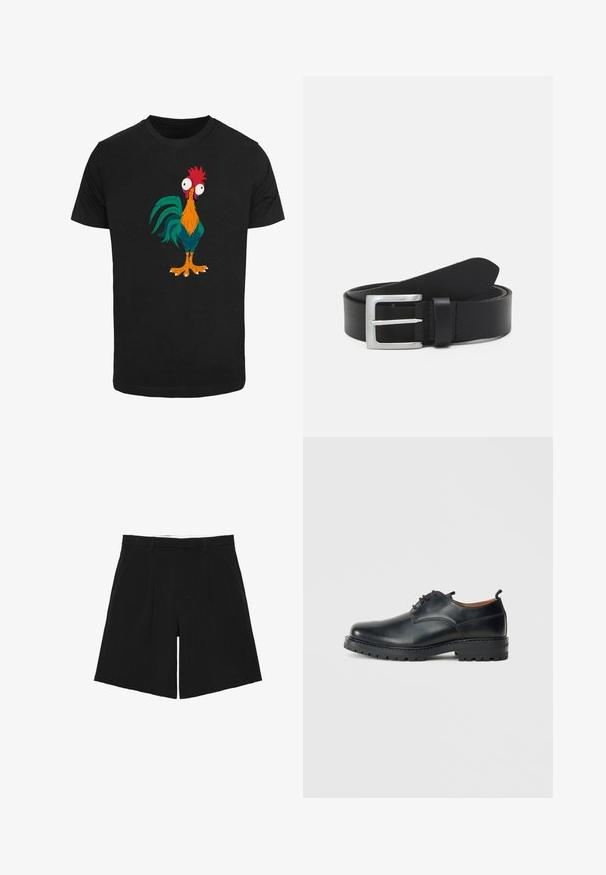 Schwarzes T-Shirt mit einem bunten Cartoon-Hahn-Design, das übertriebene Merkmale und große Augen zeigt, mit orangefarbenen, grünen und roten Akzenten.; Schwarze, maßgeschneiderte Shorts mit Gürtelschlaufen, vorderen Falten und Seitentaschen, flach auf einem weißen Hintergrund liegend.; Schwarze Leder Derby-Schuhe mit glatter Textur, runder Zehenform, Schnürdesign und einer dicken, robusten Gummisohle.; Schwarzer Leder Gürtel mit glatter Textur, silberner rechteckiger Schnalle und einer Schlaufe für das Ende. Verfügt über eine saubere Naht entlang der Kanten.