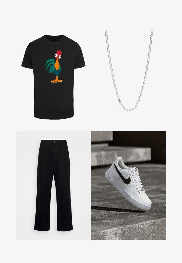 Schwarzes T-Shirt mit einem bunten Cartoon-Hahn-Design, das übertriebene Merkmale und große Augen zeigt, mit orangefarbenen, grünen und roten Akzenten.; Schwarze Hosen aus schwerem Stoff mit geradem Beinschnitt, Fronttaschen, Reißverschluss und einem einzelnen metallischen Knopfverschluss.; Weißer Nike Air Force 1 Sneaker mit schwarzem Swoosh, geschnürten Schnürsenkeln, schwebend in der Luft über einer strukturierten Betonoberfläche im Freien.; Silberne Kettenhalskette mit ineinandergreifenden Gliedern, glatter Textur und einheitlicher rechteckiger Form. Sicherer Verschluss.