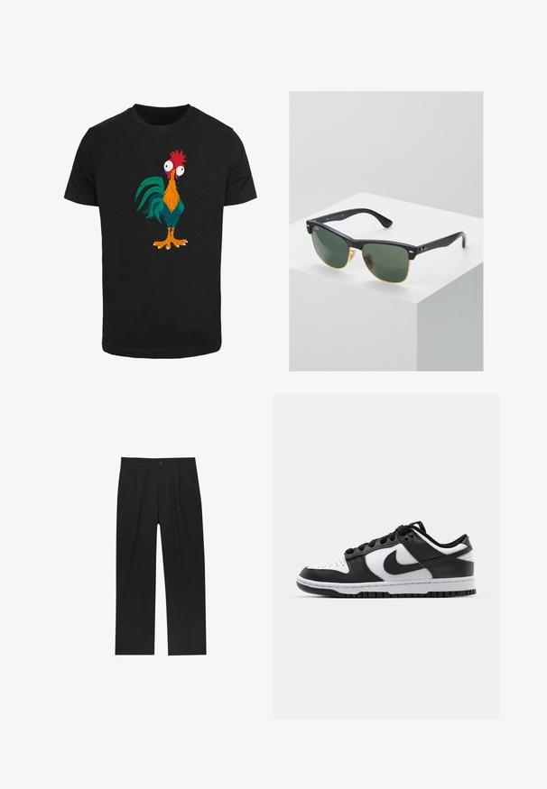 Schwarzes T-Shirt mit einem bunten Cartoon-Hahn-Design, das übertriebene Merkmale und große Augen zeigt, mit orangefarbenen, grünen und roten Akzenten.; Schwarze Hose mit geradem Schnitt, aus einem glatten Stoff gefertigt. Verfügt über Vorderfalten und einen einzelnen Knopfverschluss an der Taille.; Schwarze und weiße Nike Dunk Sneakers mit einem Obermaterial aus Leder, perforierter Zehenpartie, schwarzen Schnürsenkeln und einer schwarzen Gummisohle mit Profildesign.; Ray-Ban Sonnenbrillen mit grünen Gläsern, schwarzen Kunststoffrahmen und goldenen Akzenten an den Rändern. Quadratische Form mit matter Oberfläche.
