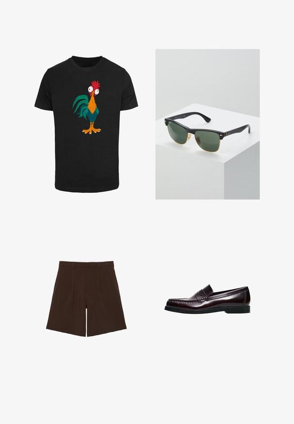 Zwarte T-shirt met een kleurrijk cartoon-haan ontwerp met overdreven kenmerken en grote ogen, met oranje, groene en rode accenten.; Donkerbruine knielange op maat gemaakte shorts met riemlussen en voorplooien, plat weergegeven op een witte achtergrond.; Donker bordeaux leren loafers met gestikte details en een decoratieve riem. Platte zwarte rubberen zool. Gladde, gepolijste oppervlak.; Ray-Ban zonnebrillen met groene lenzen, zwarte plastic monturen en gouden accenten aan de randen. Vierkante vorm met een matte afwerking.
