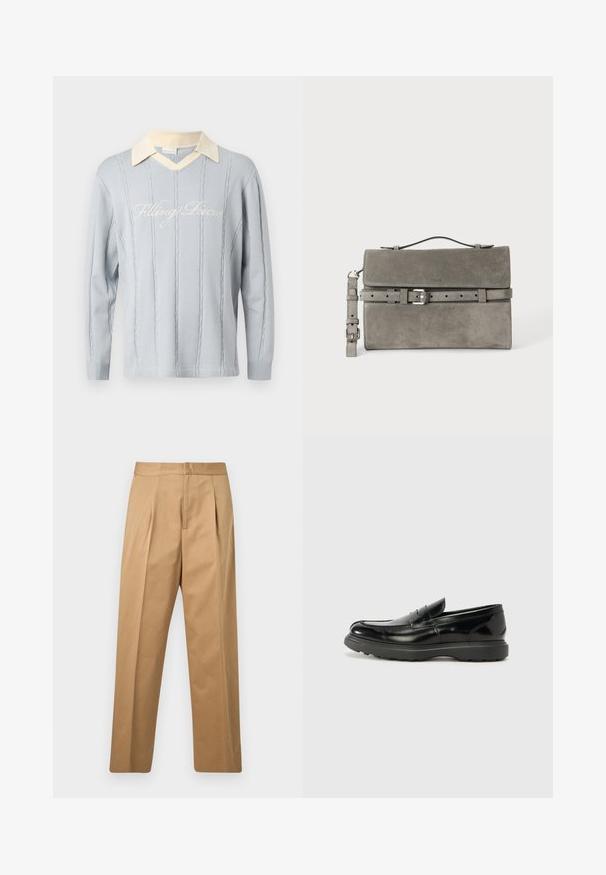 Pull en maille bleu clair avec motifs à câbles verticaux, col en V couleur crème, et texte cursif "Filling Pieces" sur la poitrine.; Pantalon beige à jambes droites avec plis à l'avant, ceinture, et fermeture avant dissimulée, présenté sur un fond gris clair uni.; Mocassin en cuir noir avec une finition brillante, bout arrondi, détails de couture subtils et semelle en caoutchouc épaisse pour la durabilité.; Pochette rectangulaire en daim gris avec poignée supérieure, bandoulière détachable et détail de ceinture à boucle argentée sur le rabat avant.