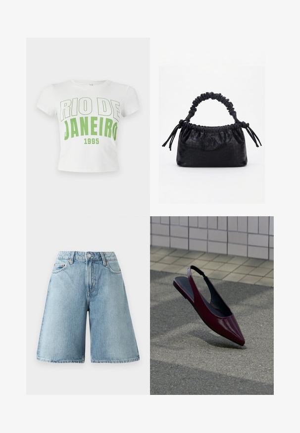 T-shirt en coton blanc avec inscription verte "RIO DE JANEIRO 1995" en police gras, manches courtes et encolure arrondie.; Shorts en denim bleu clair avec une coupe ample, taille mi-haute, cinq poches et des détails de couture contrastés. Le tissu a une texture douce.; Chaussure plate slingback en cuir verni marron avec bout pointu flottant au-dessus d'un trottoir texturé près d'un mur carrelé.; Sac à main noir avec texture crocodile, bord supérieur froncé, poignée plissée et pompons à cordon de chaque côté sur fond blanc.