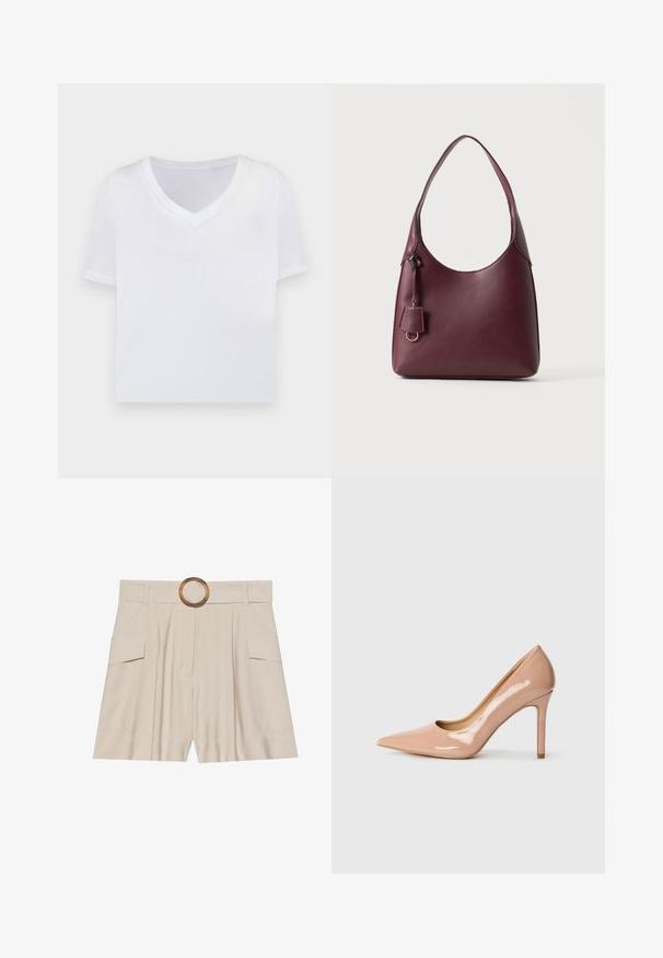 Hvid cropped t-shirt med v-hals, korte ærmer og et glat, let materiale. Ingen mønstre eller synlig hardware. Simpelt design.; Beige højtaljede shorts med en bred, flad talje, rund træspænde, plisseret front og to sidelommer. Glat stofstruktur.; Nude patentlæder højhælede pumpe med spids tå og en slank hæl, der har en glat, blank finish og et minimalistisk design.; Mørk bordeauxfarvet lædertaske med enkelt skulderrem og lille dekorativt mærke med en gylden ring på en ensartet lys baggrund.