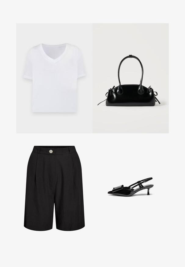 Hvid cropped t-shirt med v-hals, korte ærmer og et glat, let materiale. Ingen mønstre eller synlig hardware. Simpelt design.; Sorte højtaljede skræddersyede shorts med frontplisser, bæltestropper og en enkelt hvid knaplukning i taljen.; Sorte patenterede læderslingbacks med spids tå, en sløjfedetalje foran og en lille stilettohæle. Remmene har justerbare spænder.; Lille sort blank håndtaske med to lange håndtag og snøre-detaljer i siden på en ensfarvet lys baggrund.