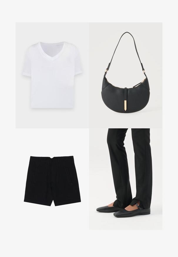 Hvid cropped t-shirt med v-hals, korte ærmer og et glat, let materiale. Ingen mønstre eller synlig hardware. Simpelt design.; Sorte shorts lavet af et glat stof, der har sidelommer, en skræddersyet pasform og strukturerede læg foran for en ren silhuet.; Ben iført sorte smalle bukser med forreste slidser ved kanten, parret med sorte flade Mary Jane-sko med lille spænde.; Sort håndtaske formet som en halvmåne med en enkelt rem, guld lynlås og en guldfarvet rektangulær dekorativ fane foran.