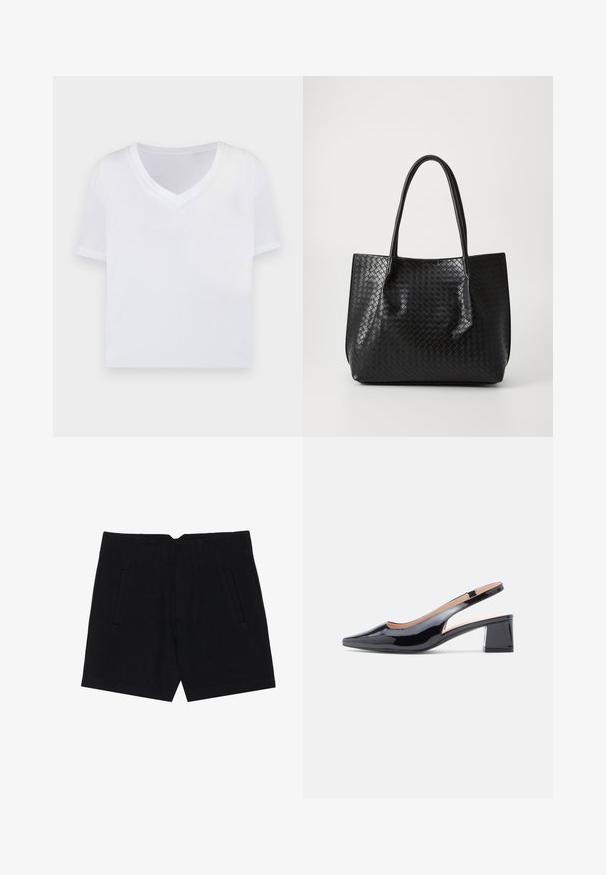 Hvid cropped t-shirt med v-hals, korte ærmer og et glat, let materiale. Ingen mønstre eller synlig hardware. Simpelt design.; Sorte shorts lavet af et glat stof, der har sidelommer, en skræddersyet pasform og strukturerede læg foran for en ren silhuet.; Sort laklæder slingback-sko med hæl, spids tå og robust blokhæl, med udskæringsdetalje på siderne.; Sort vævet læder tote bag med to håndtag, struktureret form og subtil glansfinish på en ensfarvet lys baggrund.