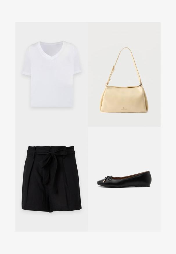 Witte cropped t-shirt met een v-hals, korte mouwen en een gladde, lichte stof. Geen patronen of zichtbare hardware. Eenvoudig ontwerp.; Zwarte shorts met hoge taille, voorzien van een stoffen ceintuur die vooraan in een strik is gebonden en met zijzakken, gefotografeerd tegen een witte achtergrond.; Zwarte leren ballerina met een afgeronde neus, een klein strikje met goudkleurige uiteinden en een lage platte hak op een grijze achtergrond.; Beige rechthoekige schoudertas met verstelbare riem en ritssluiting, met een klein "Anna Field" logo middenvoor.