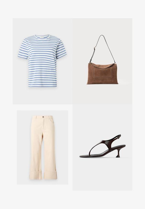 T-shirt à manches courtes avec rayures horizontales blanches et bleu clair, col rond, et petit texte brodé près de l'ourlet sur le côté droit.; Pantalon large couleur crème avec bouton sur le devant, passants pour ceinture, poches avant et revers pliés.; Sandale slingback en cuir verni marron foncé avec petit talon et bride entre les orteils sur fond blanc.; Sac à main en daim brun avec une texture lisse et un dessus arrondi. Il dispose d'une bandoulière en cuir noir et d'une poche avant rectangulaire. Accents en métal doré.