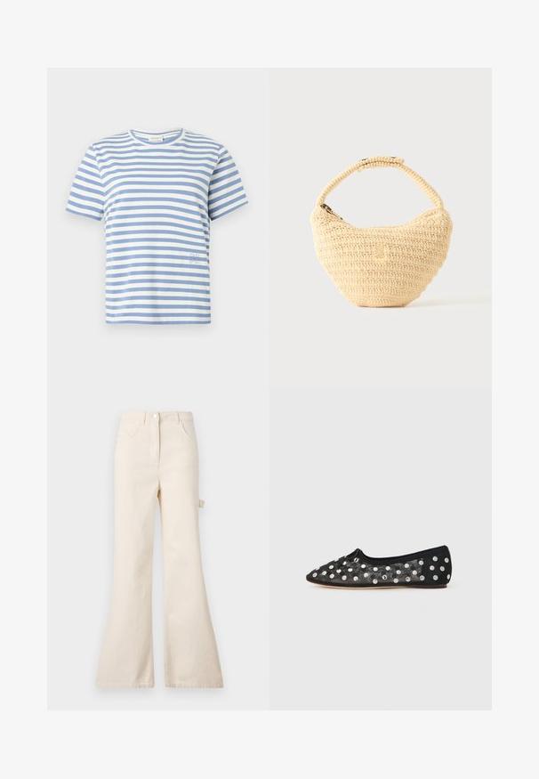T-shirt à manches courtes avec rayures horizontales blanches et bleu clair, col rond, et petit texte brodé près de l'ourlet sur le côté droit.; Jean beige évasé en coton avec taille haute, présentant une fermeture à bouton, cinq poches et un détail de boucle sur le côté.; Chaussure plate noire à bout pointu, en maille avec de grands pois argentés, et un petit nœud à l'avant. Tissu texturé.; Sac à main beige tissé avec corps arrondi, fermeture éclair et une sangle courte et épaisse dans un style crochet simple et texturé.