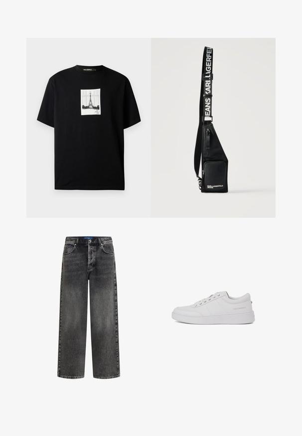 Sort t-shirt med korte ærmer, der har et centreret hvidt rektangulært tryk af Eiffeltårnet og en underskrift nedenfor.; Sortvasket denim jeans med lige ben, forreste knap og fem-lomme design, mærket Karl Lagerfeld på indvendigt taljebånd.; Hvide lædersneakers med et klassisk lavtop-design, flad sål og subtilt brandlogo på hælen. Har fem metaløjer til snørebånd.; Sort crossbody taske med lynlåslomme foran og justerbar rem med teksten "KARL LAGERFELD JEANS" i hvide bogstaver.