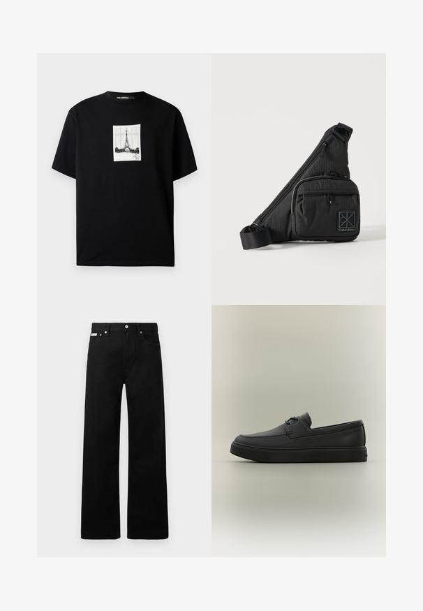 Sort t-shirt med korte ærmer, der har et centreret hvidt rektangulært tryk af Eiffeltårnet og en underskrift nedenfor.; Sorte denimbukser med bred ben-design, der har fem lommer og metallisk knapdetalje. Glat tekstur, uden synlige mønstre.; Sort afslappet læderloafer med snøredetaljer og tyk gummisål, vist fra siden på en neutral baggrund.; Sort Calvin Klein crossbody taske med justerbar rem, front lynlåslomme og diskret logomønster på ensfarvet baggrund.