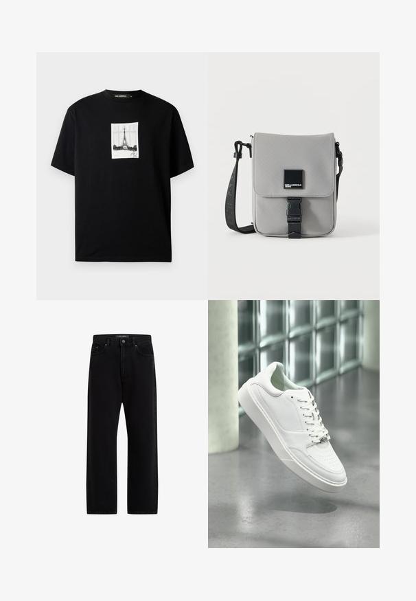 Sort t-shirt med korte ærmer, der har et centreret hvidt rektangulært tryk af Eiffeltårnet og en underskrift nedenfor.; Sorte denimbukser med en løs pasform, der har et standard fem-lomme design, knaplukning og subtil brandbroderi.; Hvid sneakers i læder med rundet snude, snørelukning foran og flad gummisål. Har perforerede detaljer og subtilt logoaccent.; Grå crossbody taske med sort justerbar rem, frontklap sikret med sort spænde, med et firkantet Karl Lagerfeld Jeans logo patch.