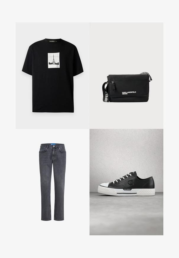 Must rõngas varrukatega must t-särk, mille keskel on valge ristkülikukujuline trükk Eiffeli tornist ja allkirja all.; Tumedatest hallid denim püksid, sirge lõikega, viie taskuga ja sinise sildiga vöökohal. Omab klassikalist nööbi ja lukuga sulgemist.; Mustast nahast toss, valgete detailidega, tekstureeritud kummist tallaga ja logoga. Omad traditsioonilist paelumist ja ümarat nina erilise disainiga.; Mustast siledast nailonist postikott. Varustatud reguleeritava rihma, esiküljel lukust takga ja valge trükitud logoga. Ristkülikukujuline minimalistliku disainiga.