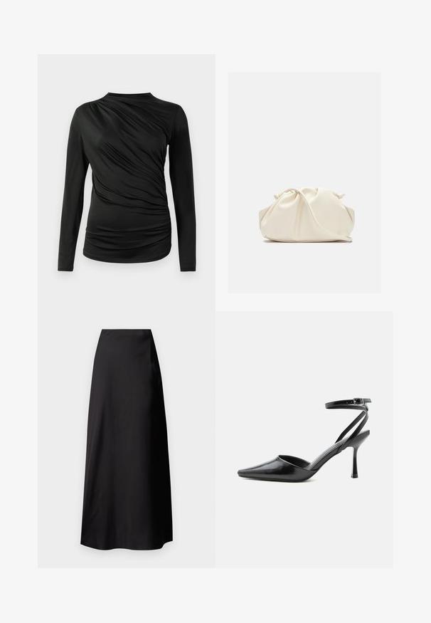 Zwarte lange mouw top met geplooide textuur aan de voorkant, voorzien van een hoge halslijn en een slim fit ontwerp. Zacht, rekbaar materiaal.; Zwarte satijnen maxi rok met een gladde textuur, hoge taille, vloeiende silhouet en zonder zichtbare patronen of hardware details.; Zwarte pumps met puntige neus, dunne enkelbandjes en een zilveren gesp op een effen lichte achtergrond.; Zachte, crèmekleurige leren clutch met geplooid, gerimpeld ontwerp en een dunne schouderriem die vooraan op een effen achtergrond ligt.