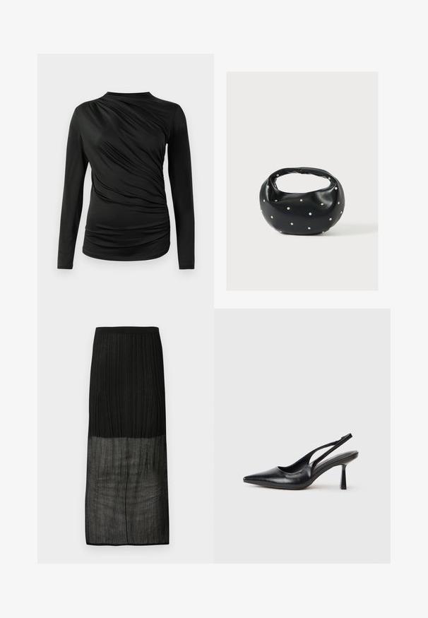Sorte langærmede top med samlet tekstur langs fronten, med høj hals og slank pasform. Blødt, strækbart stof.; Sort ribbet midinederdel med en gennemsigtig nederste halvdel og elastik i taljen, vist fladt mod en hvid baggrund.; Sort læderslagback højhælet sko med spids tå og slank hæl på en hvid baggrund.; Sort læderhåndtaske med en rundet form, dekoreret med sølvnitter, og et kort håndtag. Glat tekstur og lynlåslukning.