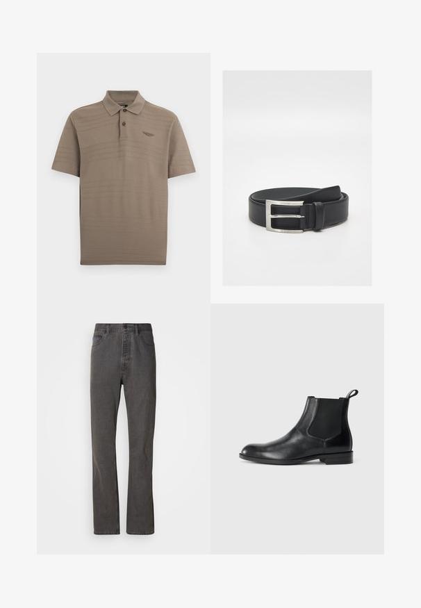 Polo marron à manches courtes avec de fines rayures horizontales, deux boutons et un petit logo d'aile brodé sur la poitrine gauche.; Jeans en denim gris avec une coupe droite, dotés de poches avant, d'une fermeture à bouton et d'une texture subtile.; Bottine en cuir noir avec des panneaux latéraux élastiques, bout rond et tirette. Texture lisse, semelle plate, design minimaliste.; Ceinture en cuir noir avec boucle rectangulaire argentée gravée "BOSS", roulée soigneusement sur un fond blanc.