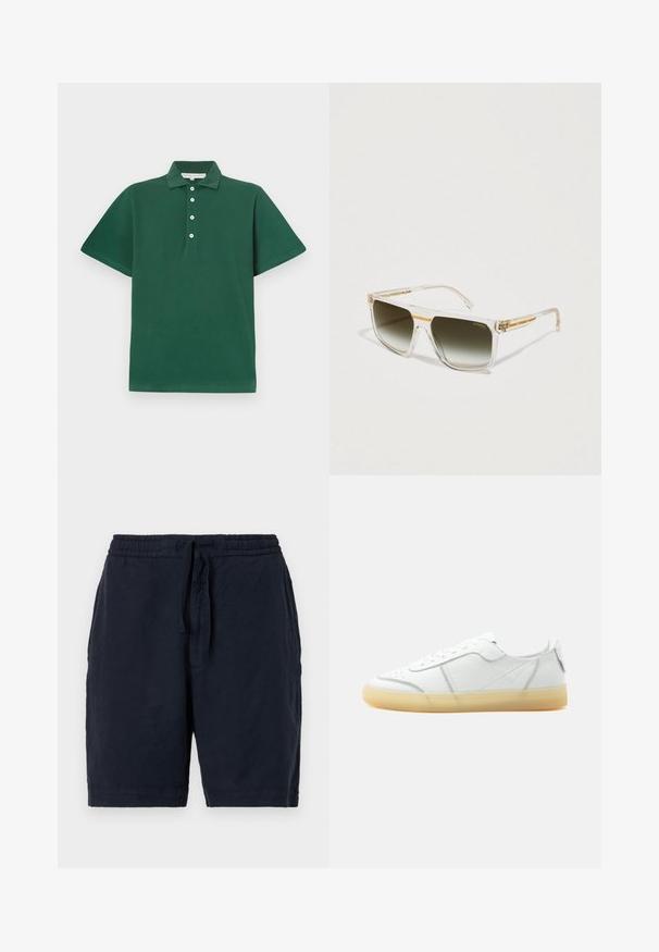 Dunkelgrünes Poloshirt aus Baumwolle, mit klassischem Kragen, kurzen Ärmeln und einer Knopfleiste mit vier weißen Knöpfen.; Marineblaue Leinen-Shorts mit elastischem Bund und Kordelzug, die einen lässigen Schnitt und eine leicht strukturierte Oberfläche aufweisen.; Weißer flacher Ledersneaker mit beiger durchsichtiger Sohle, Schnürung vorne und minimalen Nähten, seitlich auf schlichtem Hintergrund gezeigt.; Transparente Rahmen-Sonnenbrille mit einem Farbverlauf von dunklen Gläsern und goldenen Akzenten an der Brücke und den Bügeln, schräg auf einem weißen Hintergrund.