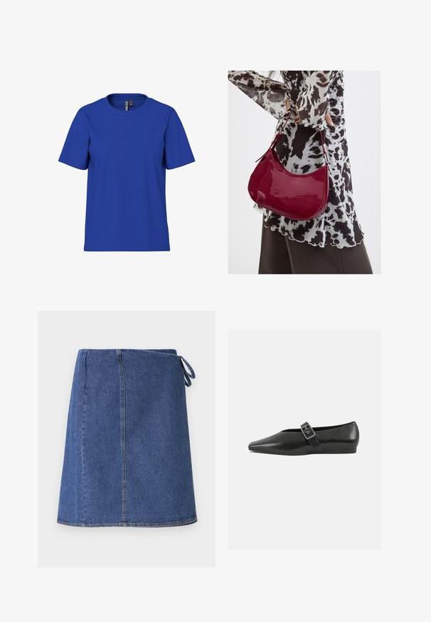 Ensfarvet kongeblå t-shirt med korte ærmer og rund halsudskæring, afslappet pasform med synlige tøjmærker inde i halsudskæringen.; Denim indpakningsskørt i mørkeblå. Har en lige snit, synlige syninger og et sideløkke til justering. Glat tekstur og standard kant.; Sorte læder flade sko med spidse tæer, prydet med en metallisk spænde over vristen og en lav, fleksibel sål.; Kvinde iført en sort- og hvidmønstret bluse, der holder en blank rød skuldertaske mod en ensfarvet baggrund.