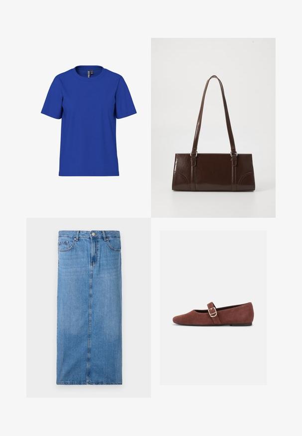 Ensfarvet kongeblå t-shirt med korte ærmer og rund halsudskæring, afslappet pasform med synlige tøjmærker inde i halsudskæringen.; Denim midi-nederdel i lyseblå, med en lige silhuet, front søm og standard talje med fem bæltesløjfer og metal knap lukning.; Brun ruskind Mary Jane-flad sko med en guldspænde og sort sål på hvid baggrund.; Brun lakeret håndtaske med rektangulær form, to lange håndtag og subtile buede detaljer på fronten.