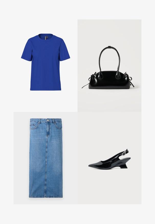 Schlichtes königsblaues T-Shirt mit kurzen Ärmeln und Rundhalsausschnitt, legere Passform mit sichtbaren Markenetiketten im inneren Nackenbereich.; Jeans-Midi-Rock in Hellblau mit geradem Schnitt, vorderer Naht und normaler Taille mit fünf Gürtelschlaufen und Metallknopfverschluss.; Schwarzer Slingback-Schuh aus Lackleder mit spitzer Spitze und niedrigem, schrägem Blockabsatz auf einfachem hellem Hintergrund.; Kleine schwarze glänzende Handtasche mit zwei langen Griffen und seitlichen Kordelzug-Details vor einfachem hellem Hintergrund.